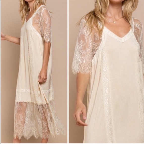 POL Cream Lace Trim Bohemian Dress Cottagecore Lightweight Summer Dress - Picture 7 of 9